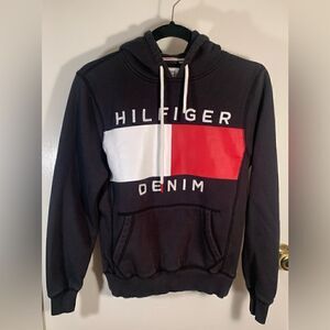 Tommy Hilfiger denim vintage GUC black logo hooded sweatshirt size XS